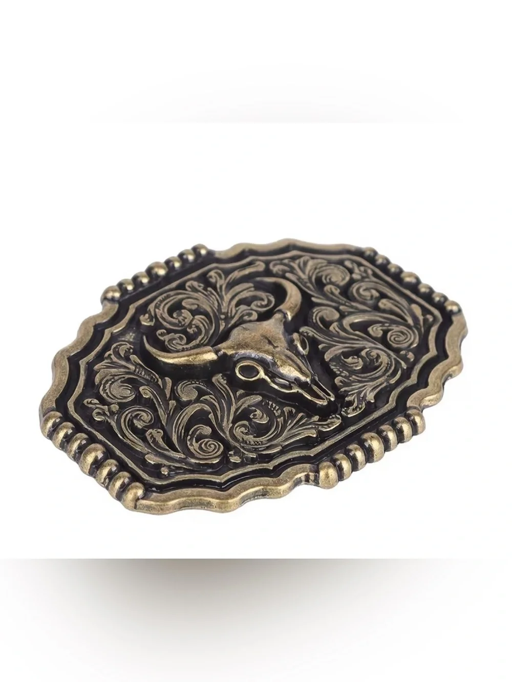 Western Bull Skull Engraved Metal Belt Buckle in Antique Gold and Black